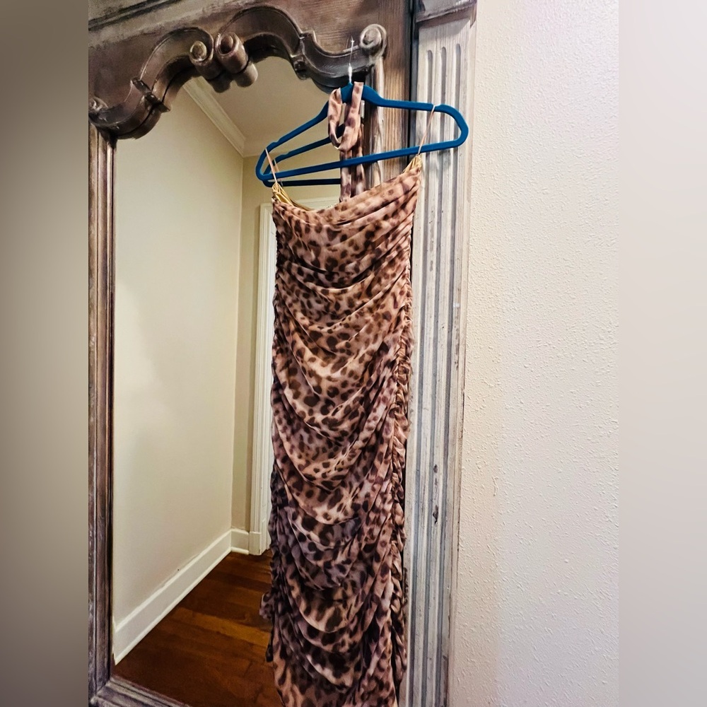 Leopard Print Strapless Dress with neck tie.